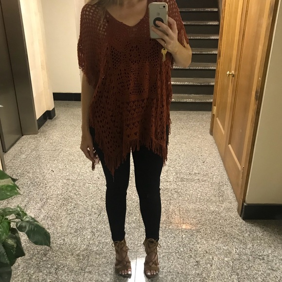 Rusty Orange Crochet Shawl with Fringe - Picture 7 of 8